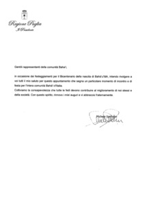 Il messaggio indirizzato dal Presidente della regione Puglia, Michele Emiliano
